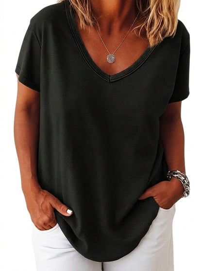 Femme T-shirt à col en V et manches courtes à revers Noir