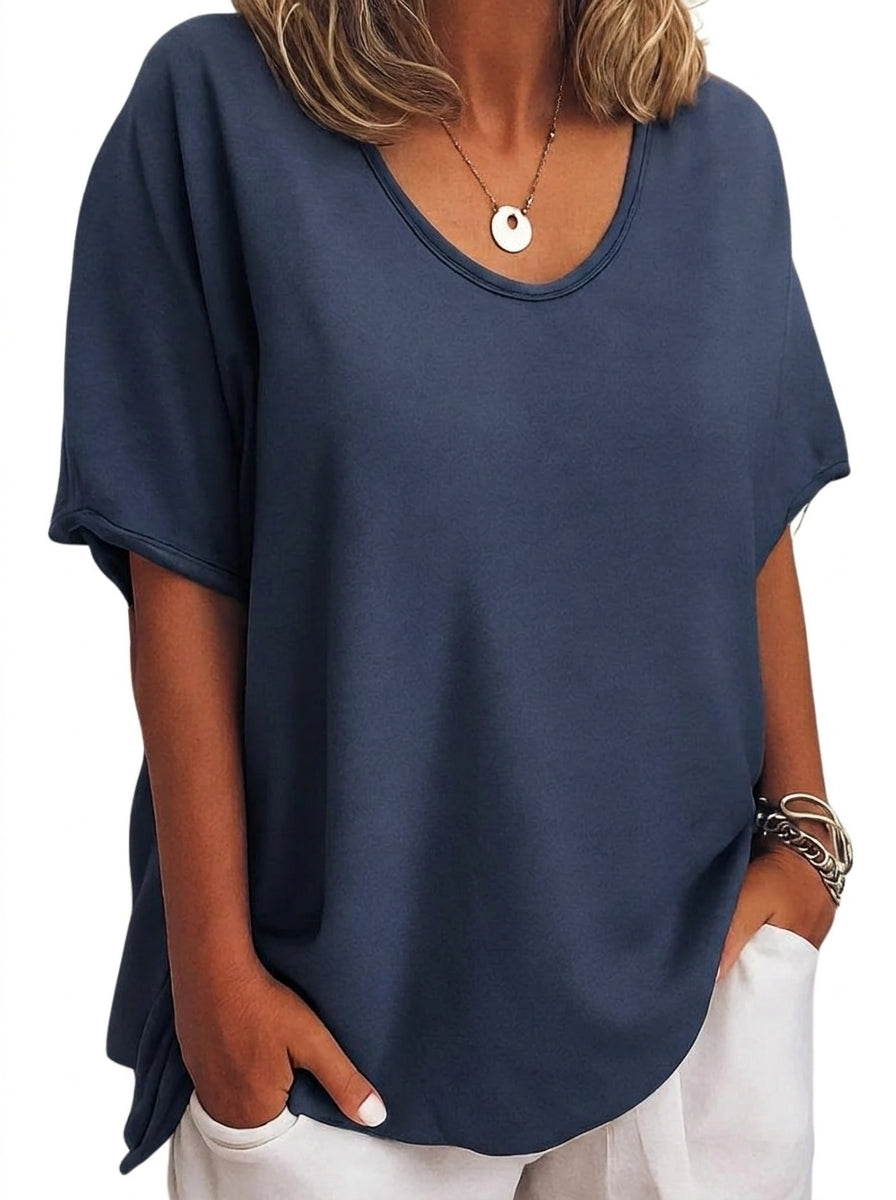 Femme T-shirt à col en V et manches courtes à revers Bleu Marine