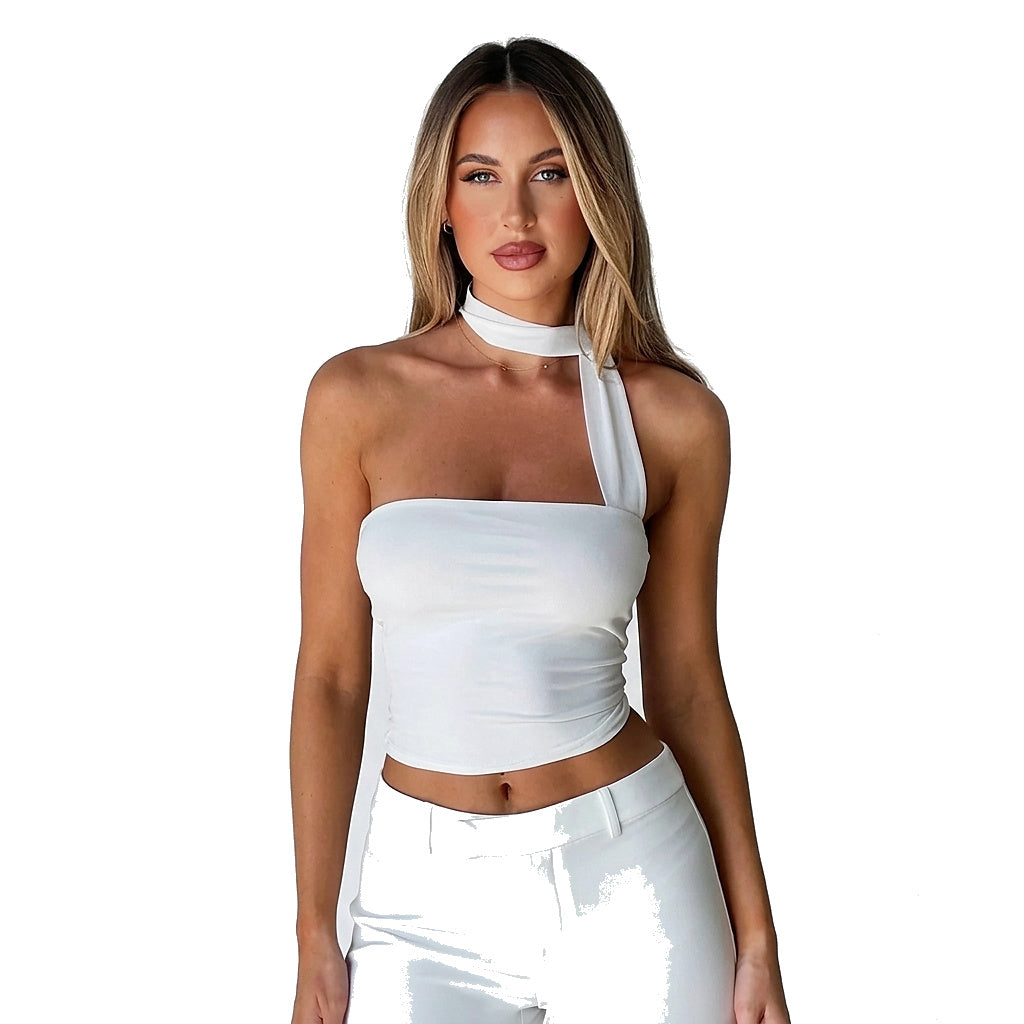 Women Sleeveless Top Asymmetrical Neckband Detail Design White