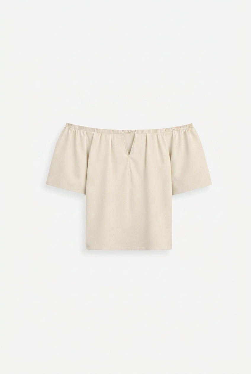 Women Top Off Shoulder V Neck Half Sleeve Loose Fit Beige