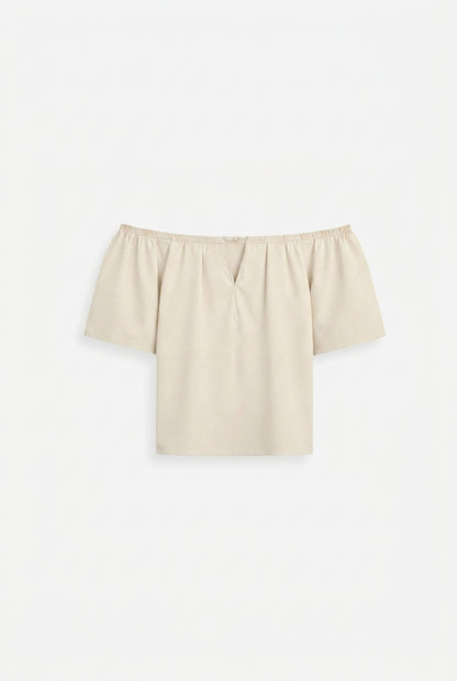 Women Top Off Shoulder V Neck Half Sleeve Loose Fit Beige