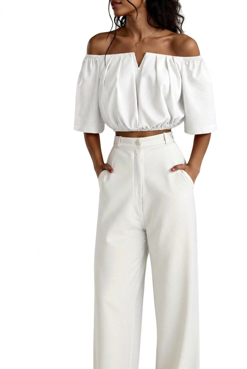 Women Top Off Shoulder V Neck Half Sleeve Loose Fit White