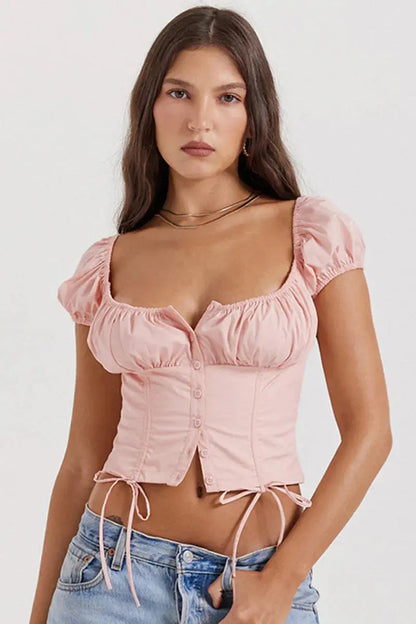 Women Crop Top Puff Sleeve Sweetheart Neckline Lace Up 2