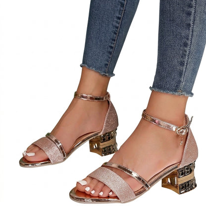 Women Sandals Strappy Block Heel Ankle Strap Closure Rose gold