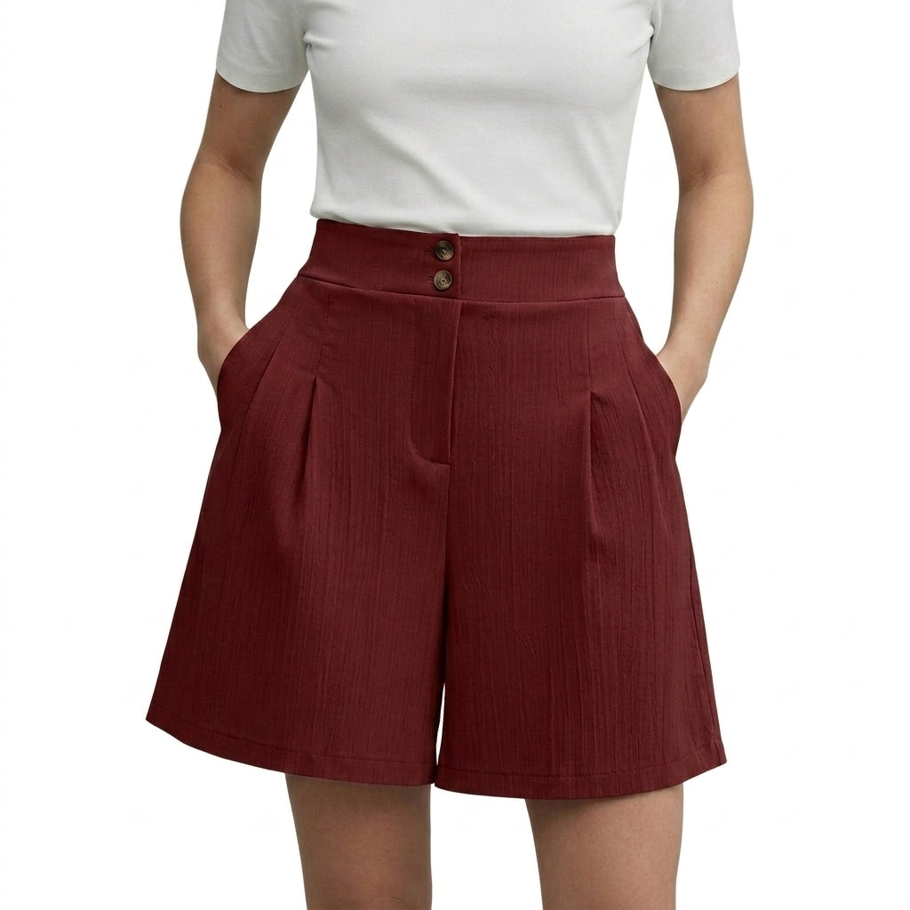 Femmes Short Taille Haute Jambes Larges Plis Devant Deux Boutons Bordeaux