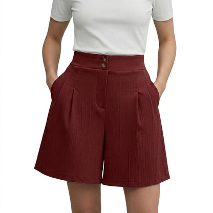 Femmes Short Taille Haute Jambes Larges Plis Devant Deux Boutons Bordeaux