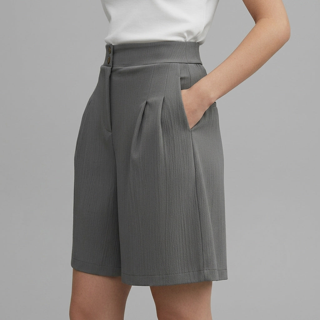 Femmes Short Taille Haute Jambes Larges Plis Devant Deux Boutons 1