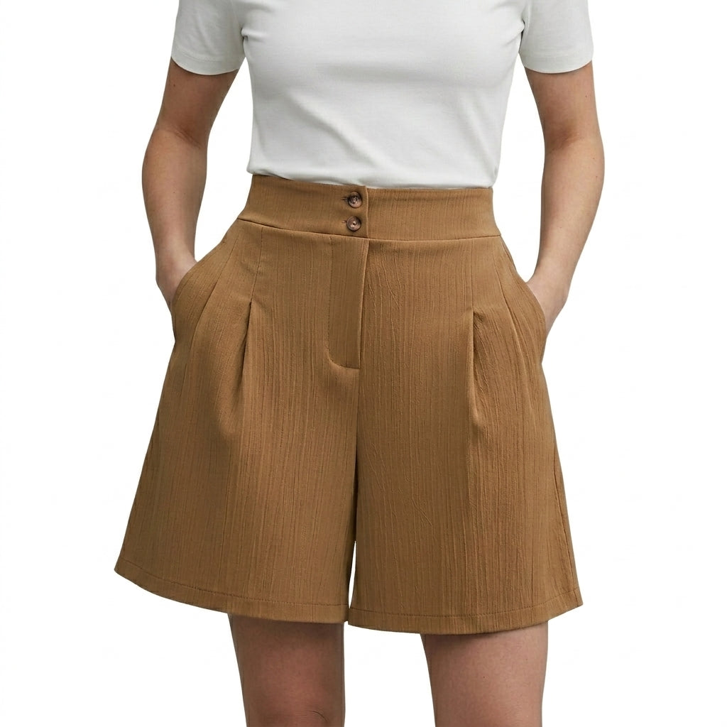 Femmes Short Taille Haute Jambes Larges Plis Devant Deux Boutons Kaki
