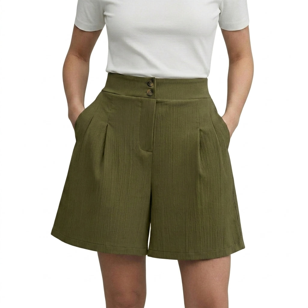 Femmes Short Taille Haute Jambes Larges Plis Devant Deux Boutons Vert