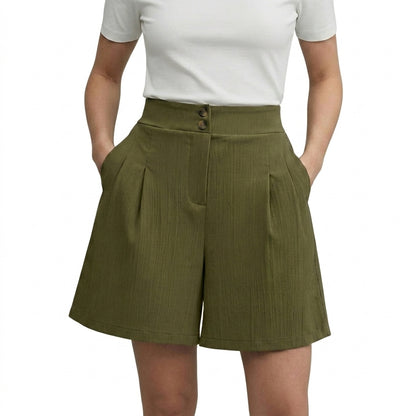 Femmes Short Taille Haute Jambes Larges Plis Devant Deux Boutons Vert