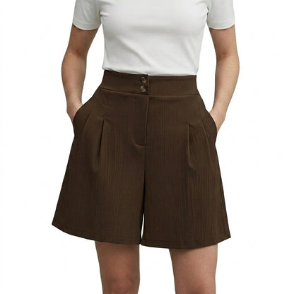 Femmes Short Taille Haute Jambes Larges Plis Devant Deux Boutons Marron