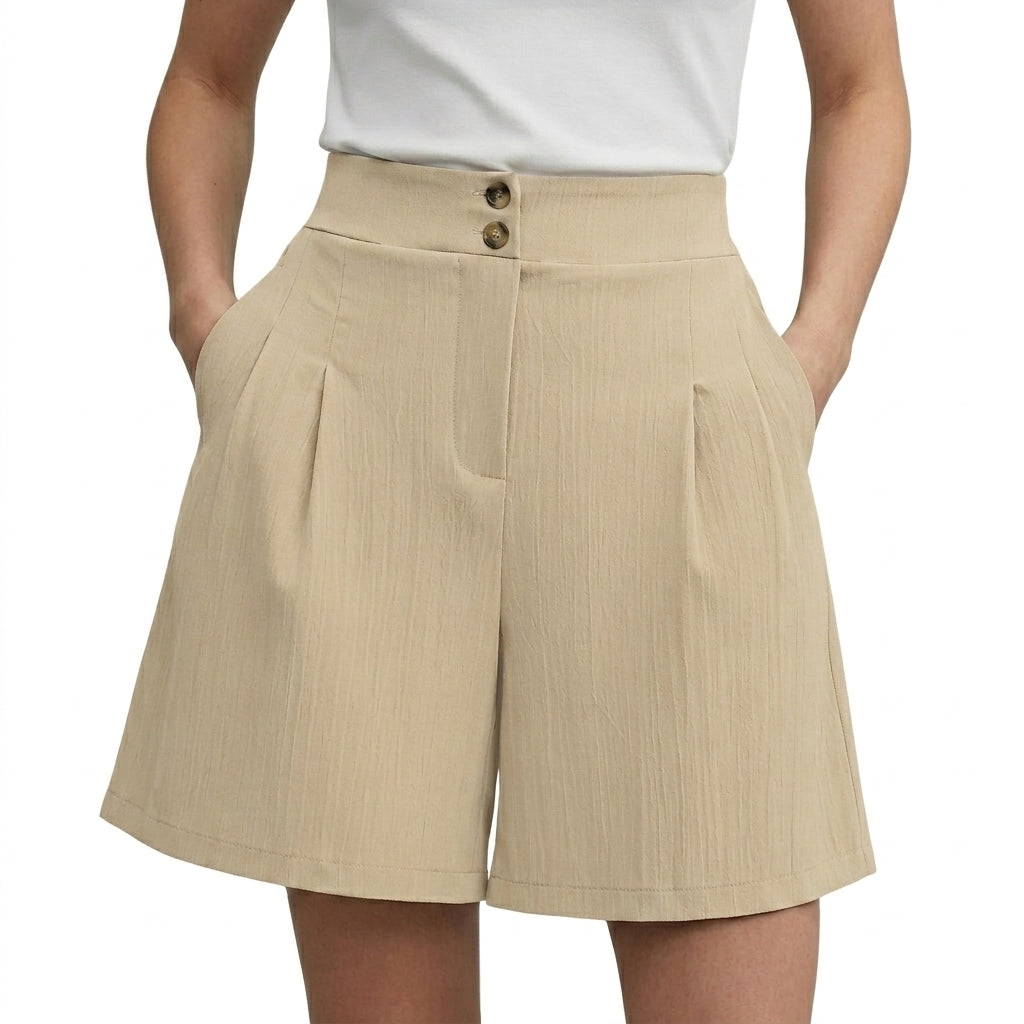 Femmes Short Taille Haute Jambes Larges Plis Devant Deux Boutons Abricot