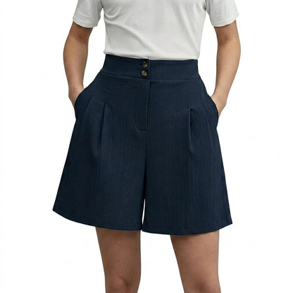 Femmes Short Taille Haute Jambes Larges Plis Devant Deux Boutons Bleu Marine