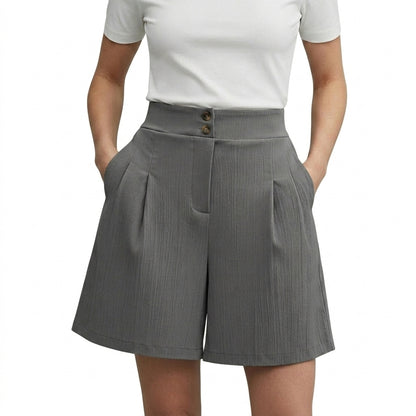Femmes Short Taille Haute Jambes Larges Plis Devant Deux Boutons Gris Foncé