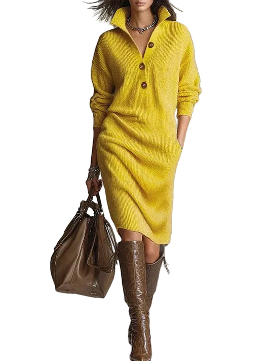 Robe Pull Midi Côtelée pour Femme avec Boutonnage