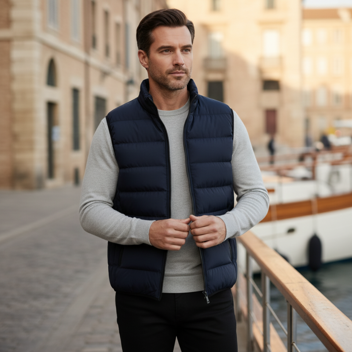 Gilet Homme Matelassé Sans Manches avec Fermeture Zippée et Col Montant-Vest-Gigié