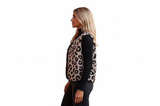 Gilet Tricoté Femme Sans Manches Imprimé Léopard & Col V-Gigié