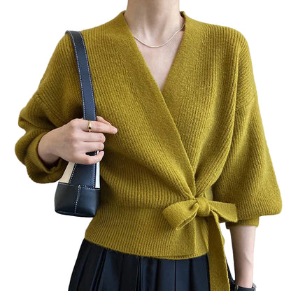 Haut en maille cache-cœur pour femme avec col en V et lien à nouer-Cardigan Women-Gigié
