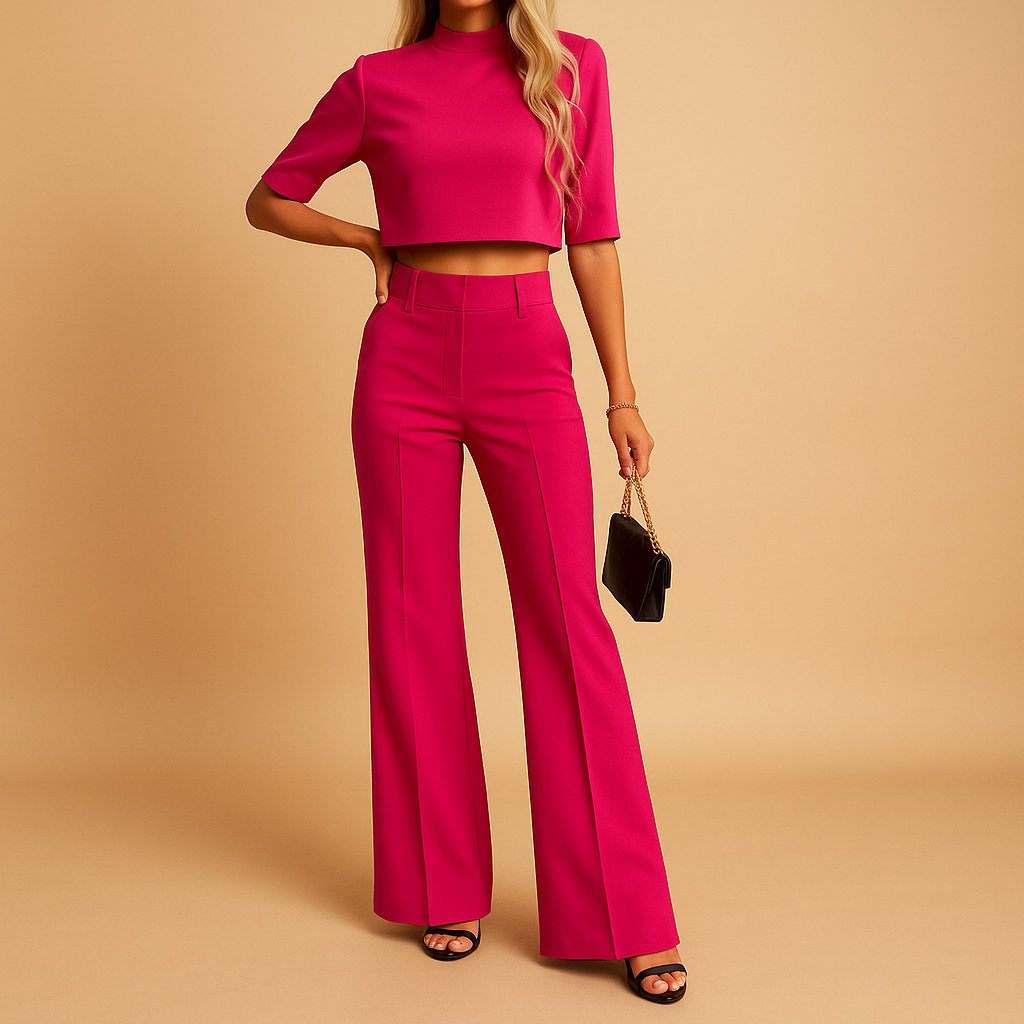 Ensemble Deux Pièces Femme avec Haut Court à Manches Longues et Pantalon Droit