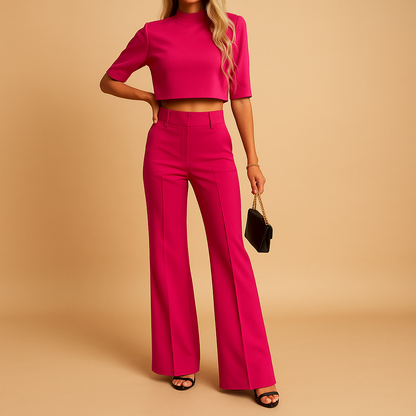 Ensemble Deux Pièces Femme avec Haut Court à Manches Longues et Pantalon Droit