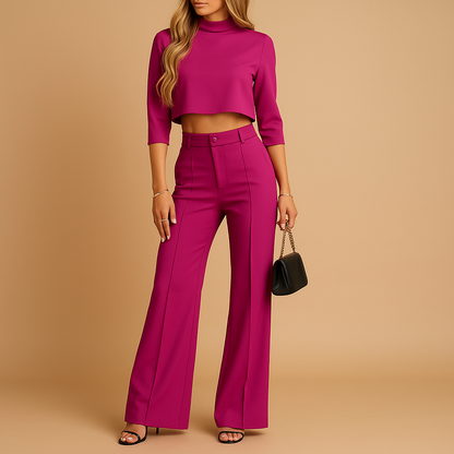 Ensemble Deux Pièces Femme avec Haut Court à Manches Longues et Pantalon Droit
