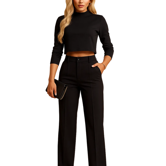 Ensemble Deux Pièces Femme avec Haut Court à Manches Longues et Pantalon Droit