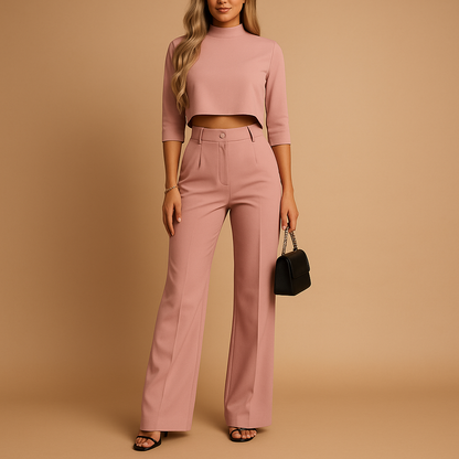 Ensemble Deux Pièces Femme avec Haut Court à Manches Longues et Pantalon Droit