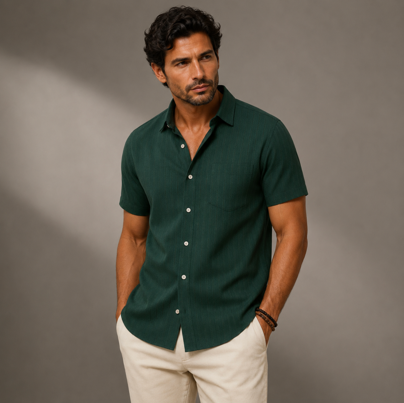 Hommes Chemise à manches courtes avec texture à lignes verticales et poche poitrine 1