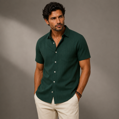 Hommes Chemise à manches courtes avec texture à lignes verticales et poche poitrine 1