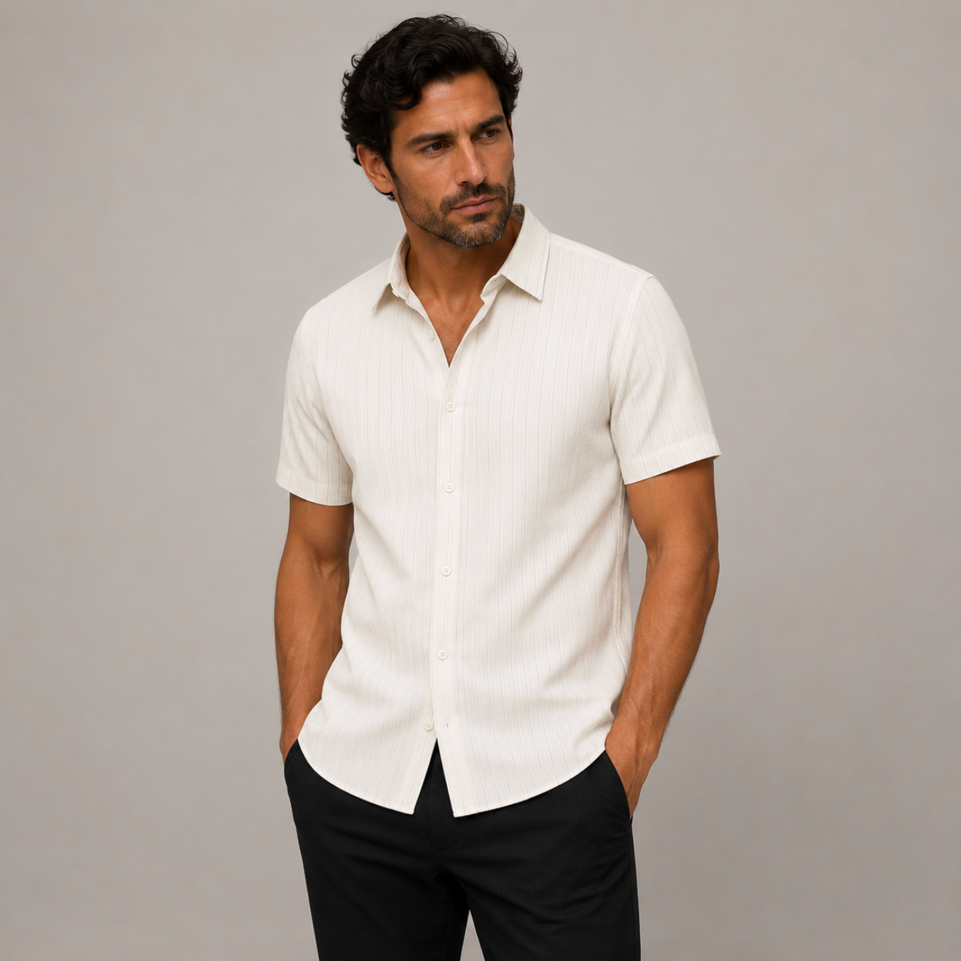 Hommes Chemise à manches courtes avec texture à lignes verticales et poche poitrine Blanc