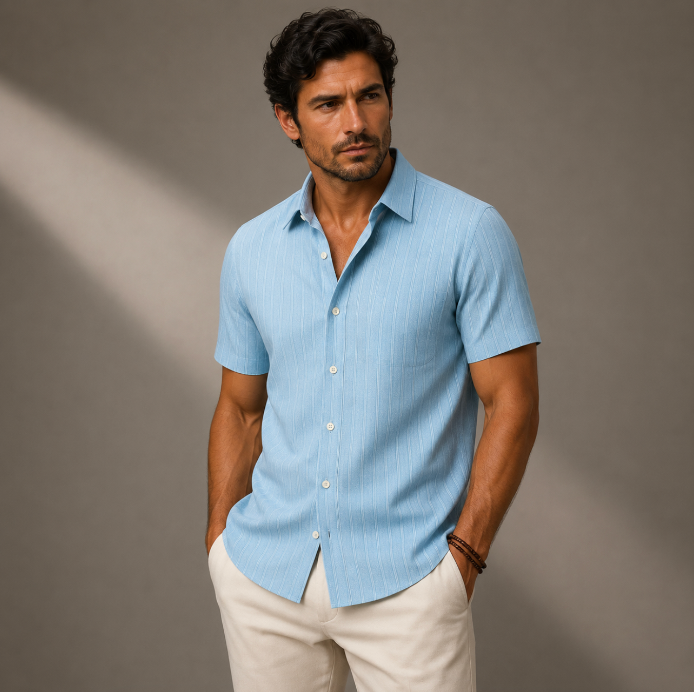 Hommes Chemise à manches courtes avec texture à lignes verticales et poche poitrine Bleu Clair
