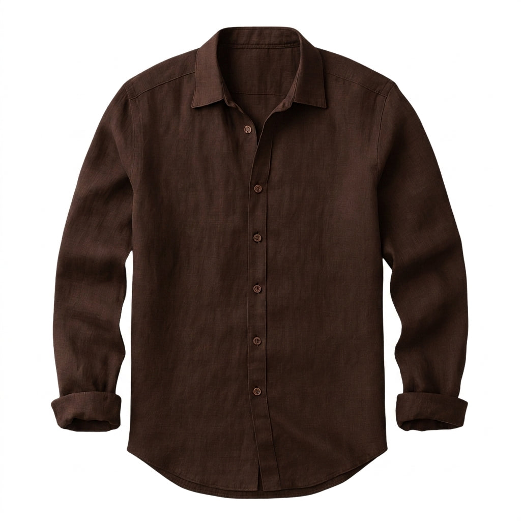 Hommes Chemise à manches longues avec col à pointes et boutonnage frontal Café