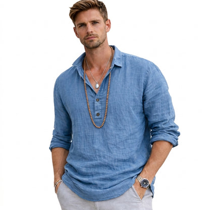 Hommes Chemise à manches longues avec col tunisien et tissu texturé Bleu