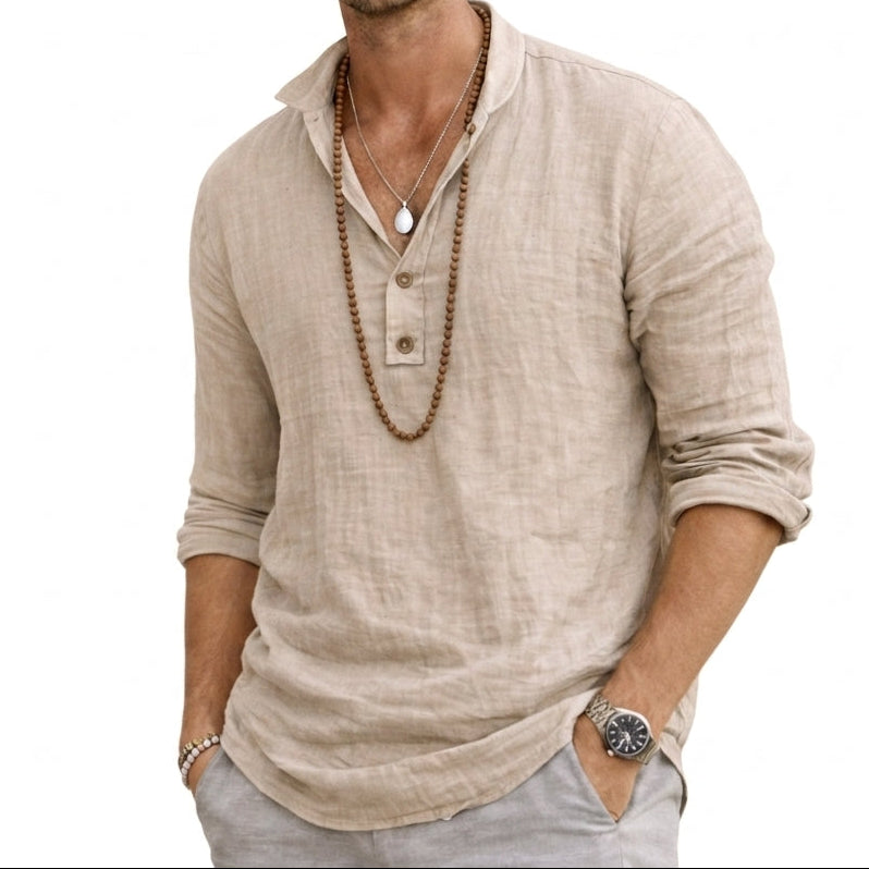 Hommes Chemise à manches longues avec col tunisien et tissu texturé Marron