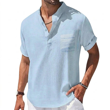 Hommes Chemise Henley à manches courtes avec col officier et poche poitrine Bleu Clair