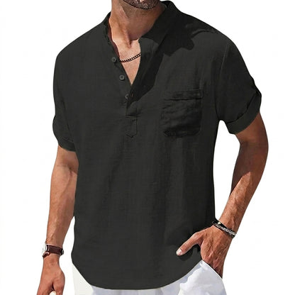 Hommes Chemise Henley à manches courtes avec col officier et poche poitrine Noir