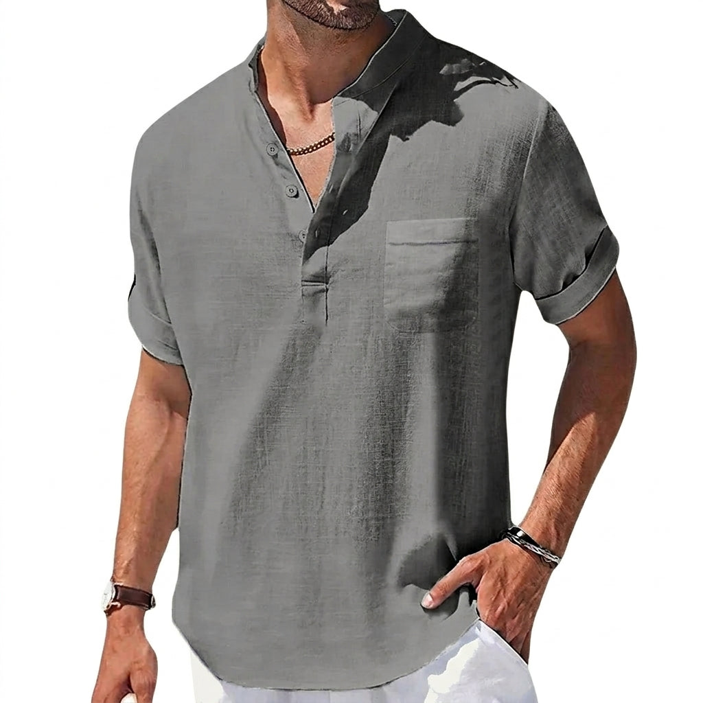 Hommes Chemise Henley à manches courtes avec col officier et poche poitrine Gris
