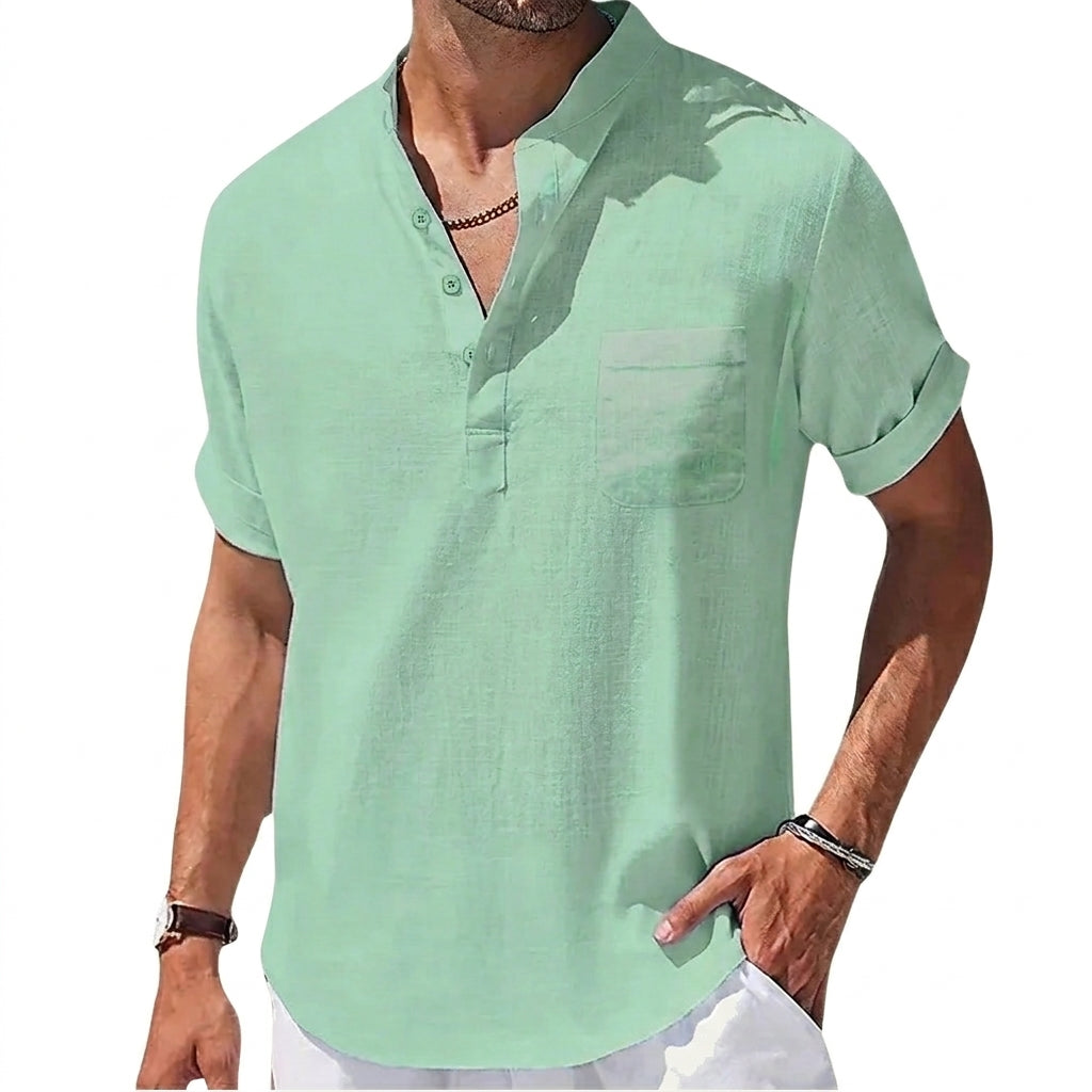 Hommes Chemise Henley à manches courtes col officier poche poitrine Vert