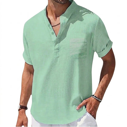 Hommes Chemise Henley à manches courtes col officier poche poitrine Vert