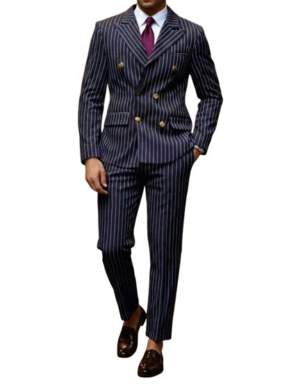 Hommes Costume croisé à rayures verticales et revers en pointe Bleu Marine