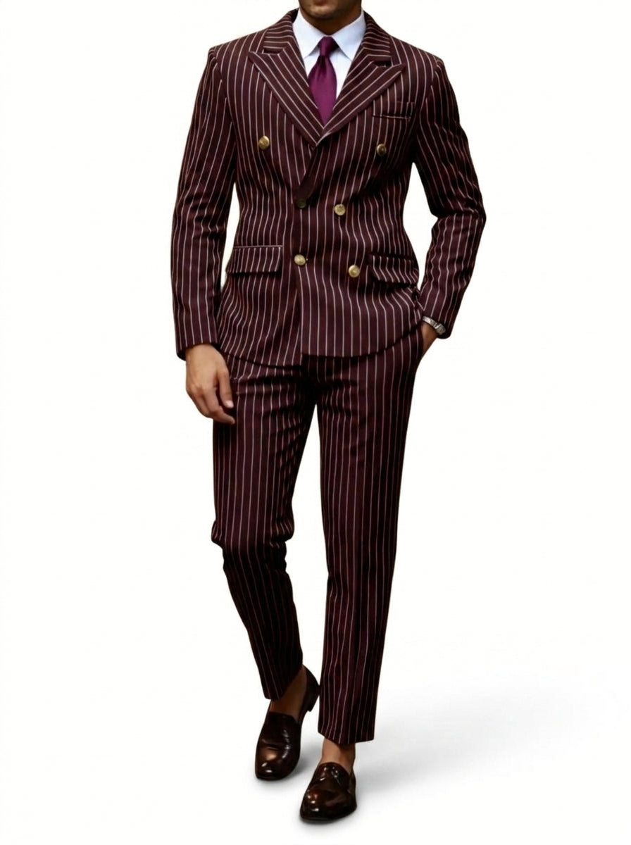 Hommes Costume croisé à rayures verticales et revers en pointe Bordeaux