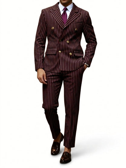 Hommes Costume croisé à rayures verticales et revers en pointe Bordeaux