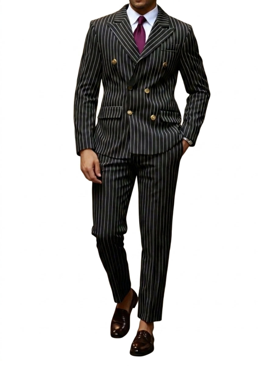 Hommes Costume croisé à rayures verticales et revers en pointe Noir