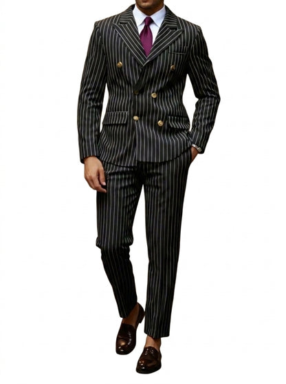 Hommes Costume croisé à rayures verticales et revers en pointe Noir
