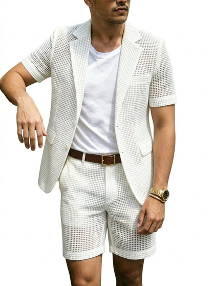 Hommes - Ensemble avec blazer à manches courtes et short en maille ajourée Blanc