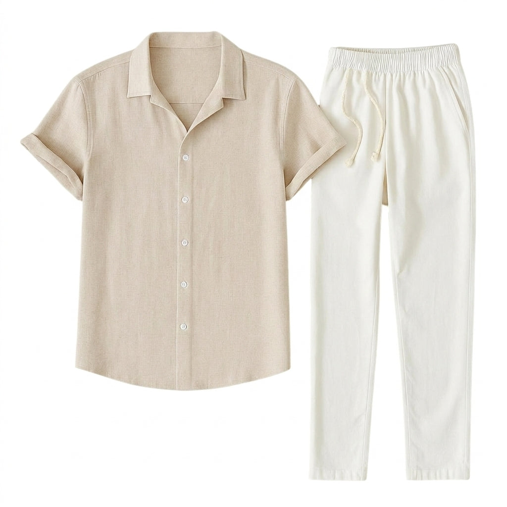 Hommes Ensemble Chemise à Manches Courtes et Pantalon à Cordon de Serrage 1