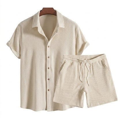 Hommes Ensemble Chemise Manches Courtes et Short Texture Gaufrée Beige