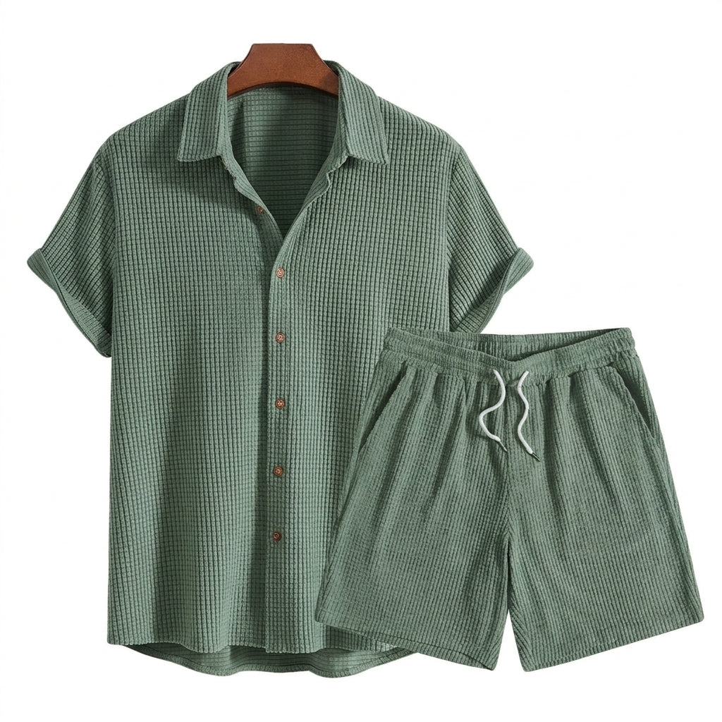 Hommes Ensemble Chemise Manches Courtes et Short Texture Gaufrée Vert