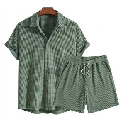 Hommes Ensemble Chemise Manches Courtes et Short Texture Gaufrée Vert
