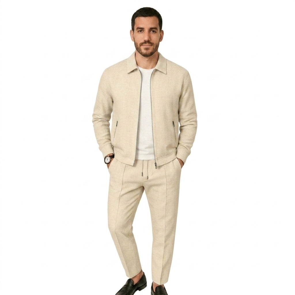 Hommes Ensemble Veste à Col Zippée et Pantalon à Plis avec Cordon | imported-image-1